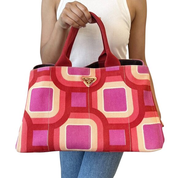 Prada Handbags - PRADA Vintage Logo Tote Bag Canapa Stampata Canvas Multicolor Red Pink  [105524]